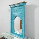 Hand Carved Antique Indian Solid Wood Wooden Mirror Frame Blue 56x11x98cm